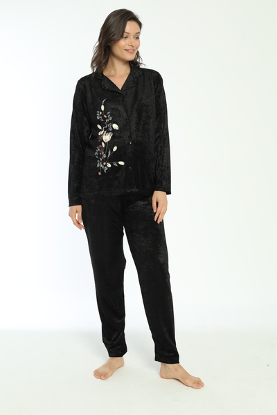 Miss Dünya Lissa Black Buttoned Front Velvet Maternity and Maternity Pajamas Set