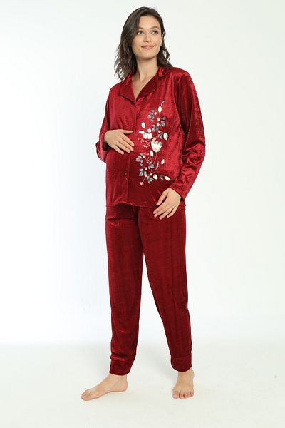 Miss Dünya Lissa Burgundy Front Buttoned Velvet Maternity and Maternity Pajamas Set
