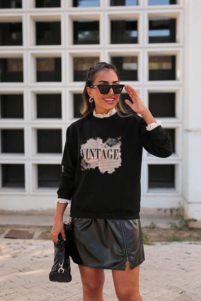 BEBE PLUS Hanorac vintage de damă din dantelă neagră și imprimeu