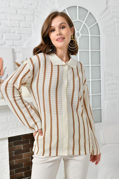 VOLT CLOTHİNG Cardigan cu dungi cu mânecă lungă, guler de cămașă pentru femei