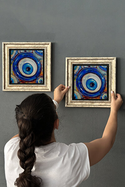Oscar Stone Decor Eskitme Çerçeveli Taş Uyumlu Duvar Dekoru Tablo 30x30 cm 2'li Set Nazar Boncuğu