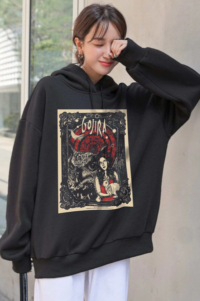 Freak Tshirt Black Color Gojira Printed Wide Cut Hooded Fleece-Inner Rock-Met...
