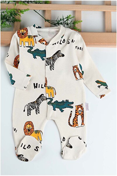 dubi baby bej düz safari hayvan baskılı önden düğmeli patikli bebe tulum
