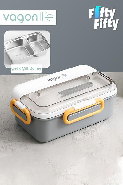 Vagonlife 900 ml Single Layer Double Compartment Bento Lunch Box New Generation Lunch Box Stainless Steel for Office-School