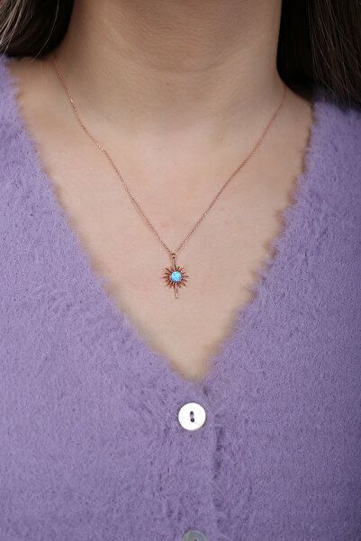 SUNSHINE 925 Ayar Rose Kaplamalı Mavi Opal Taşlı Güneş Gümüş Kolye