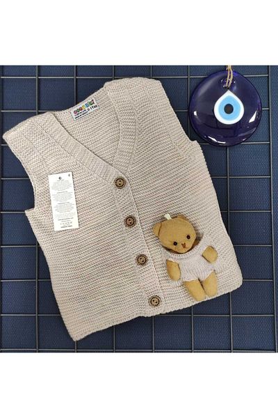 tinitins Teddy Bear Detailed Buttoned Knitwear Vest Boy-Baby Boy