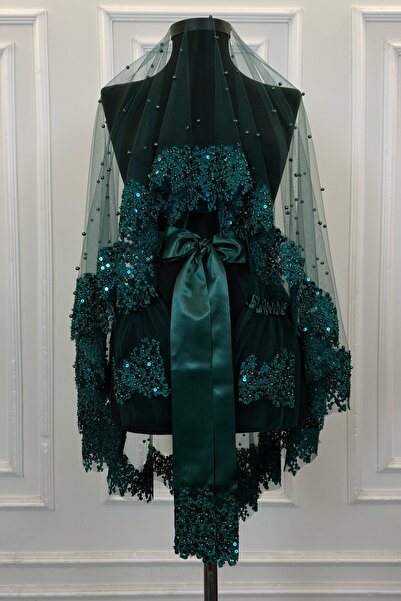 ZEYMERADE طقم حجاب زفاف Vip باللون الأخضر الزمردي، طقم حجاب الحناء من الدانتي...