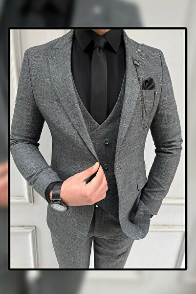 VALCES Yelekli Dar Kesim Slim Takım Elbise (KRAVAT VE YAKA SÜSÜ HEDİYEMİZ)