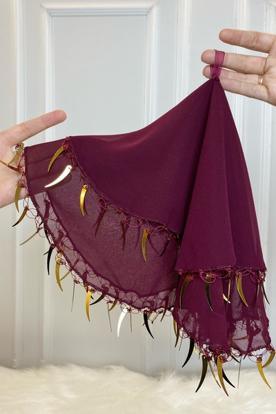 ZEYMERADE منديل هالاي للعرائس باللون العنابي، منديل من قماش الشيفون بطبقة مزد...