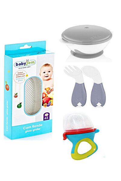 Babyjem طبق طعام مفرغ من الهواء باللون الرمادي + مبشرة زجاجية + لهاية فواكه و...