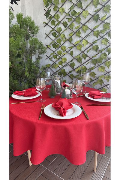 Decamor home Λινάρι με υφή Κόκκινο στρογγυλό τραπεζομάντιλο