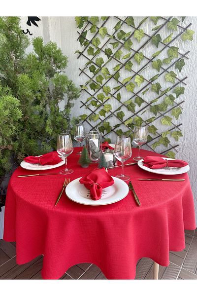 Decamor home Λινάρι με υφή Κόκκινο στρογγυλό τραπεζομάντιλο