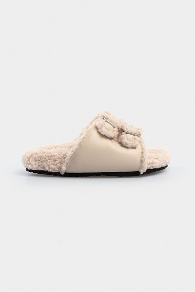 NİŞANTAŞI SHOES Fallon bézs matt duplacsatos részlet lapos talpú női papucs