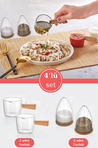 Flosoft Ahşap Detaylı 2’li Sosluk ve 2’li Tuzluk Biberlik Takımı (2 Adet Sosl...