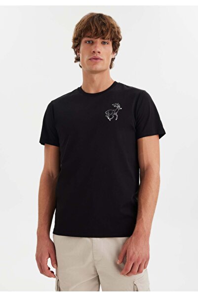 WESTMARK LONDON Μαύρο ανδρικό μπλουζάκι από βαμβακερό λαιμόκοψη με τύπωμα WMEMBROIDERY DEER