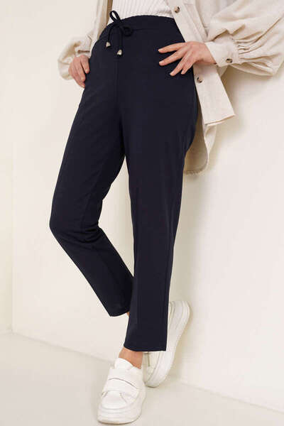benguen 6624 İp Detaylı Beli Lastikli Bilekte Pantolon Lacivert