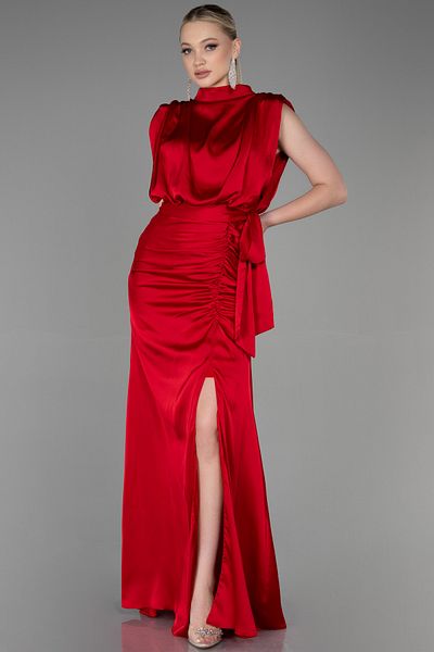 Abiyefon Red Stand Collar Sleeveless Long Satin Evening Dress Abu2133