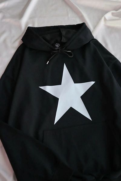 Gofeel Star Patterned Oversize Black Hooded Sweatshirt - Eza
