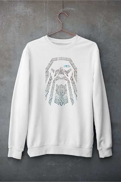 Raf Coll Unisex Λευκό Oversize Crew Neck Odin Ψηφιακό εμπριμέ φούτερ με δύο νήματα εσωτερικά ανυψωμένο