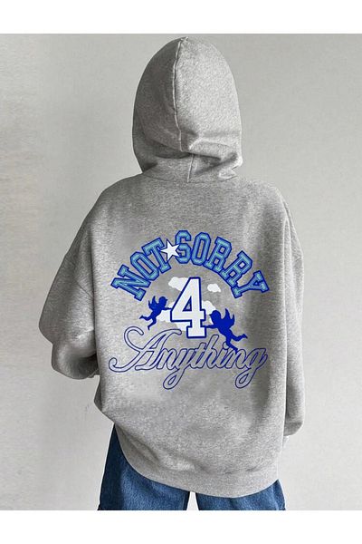Gofeel Y2K Gray Oversize Hooded Back Printed Sweatshirt - Not Sorry for Anything Eza