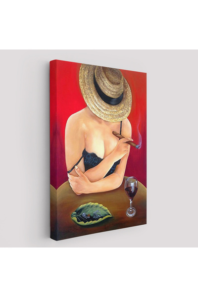 TabloPro Şarap ve Puro İçen Sexi Kadın Yüksek Kaliteli Kanvas Canvas Tablo Ta...