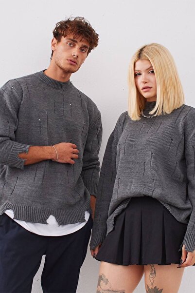 MADZEYMODA Unisex Selanik Knitwear Oversize Pattern Standard Size Ripped Detailed Gray Sweater
