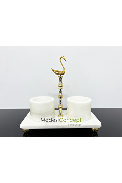 Modestmar Doğal Beyaz Mermer Baharatlık Seti 3lü Pirinç Çubuklu Kuğu Objeli G...