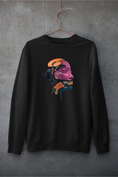 Raf Coll Unisex Oversize Crew Neck Γυναικείο Σχέδιο Προσώπου Ψηφιακό εμπριμέ φούτερ με δύο νήματα εσωτερικά ανυψωμένα