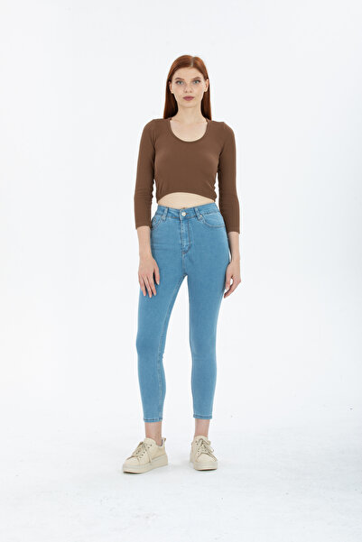 kotmodası Χιόνι Ανοιχτό Χιόνι Μπλε Ψηλόμεσο Στενό Σωλήνας Τζιν Power Lycra