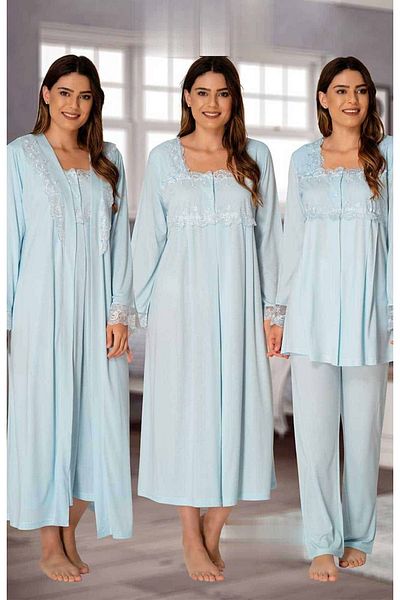 BLACKMORE Women's Blue Lace Long Sleeve Pregnant Maternity Dressing Gown Pajama Set and Nightgown Set of 4