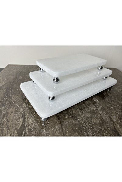 ModestConsept Doğal Beyaz Mermer Sunum Seti 3 Lü - Gümüş Top Ayaklı 3lü Sunum...