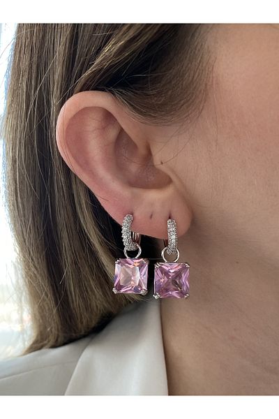 Pinery Jewels Vip Series - Series Mounted Square Pink Heart Stone Earrings