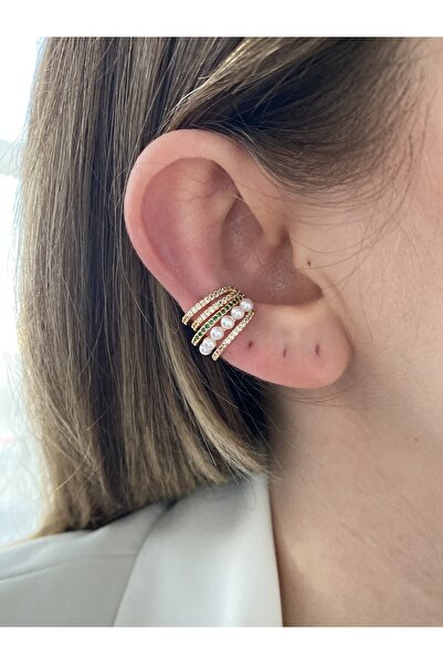 Pinery Jewels Zirkon Taşlı İncili Kıkırdak Küpe