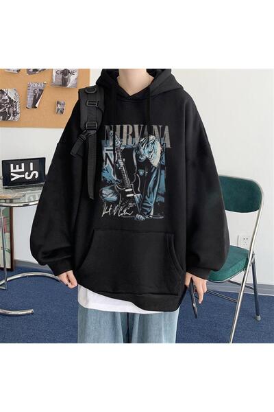 DEEFWEAR Nirvana Poster Baskılı Siyah Unisex Oversize Kapüşonlu Sweatshirt -m...