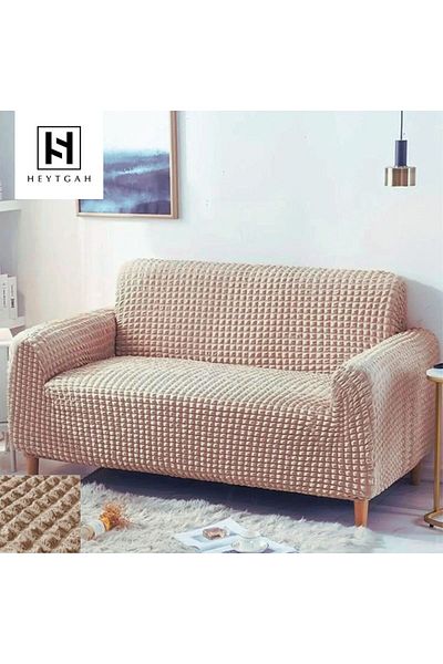 HEYTGAH Stone Colored 3-Seater Wrap Seat Cover - Sofa Bed Couch Cover with Skirt and Stretch Flexible