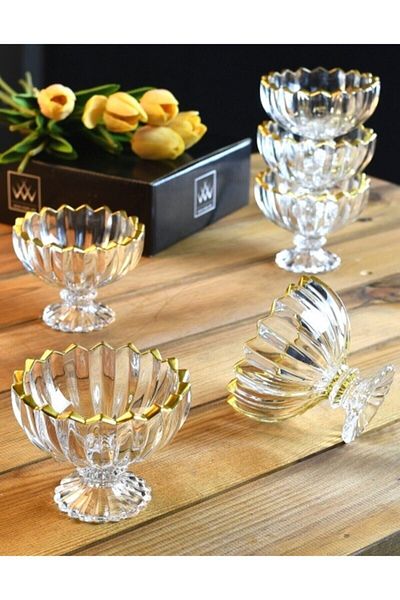 Wow Home Art - 6 Pieces Glass Footed Bowl with Gold Detail - Snack Bowl - Jam Bowl - Turkish Delight Bowl - Presentation Bowl