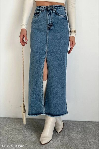 LİMABEL Blue Front Slit Long Denim Skirt Snow Wash Lycra Flexible Denim Skirt