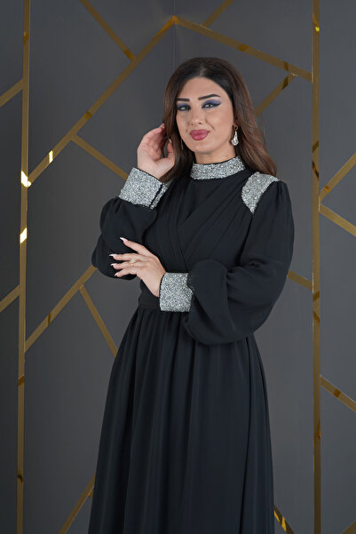 Matik Abiyem Tesettür Şifon Tasarım Taş Aksesuarlı Elbise Abiye