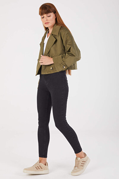 STİLPİX Kadın Haki Kruvaze Yaka Yarım Trençkot | Women's Khaki Double Breasted Collar Half Trench Coat