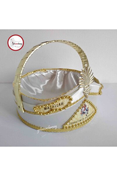 Gelincimherşey Beyaz Sünnet Şapkası Şeklinde Süslemeli Hediyelik Sepet