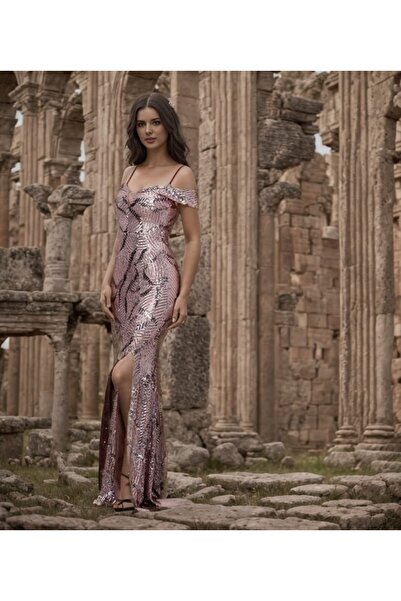 dükkan10butika Kadın Yırtmaçlı Pulpayet Işlemeli Uzun Abiye Elbise Rose Gül