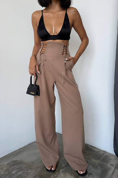 Ortaya Çık Pantaloni Palazzo cu design corsetat cu talie bej-gri