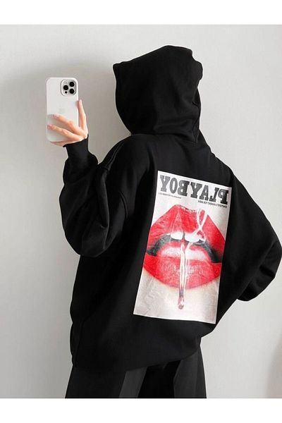 Combineman35 Hanorac oversize cu glugă cu imprimeu Playboy negru unisex