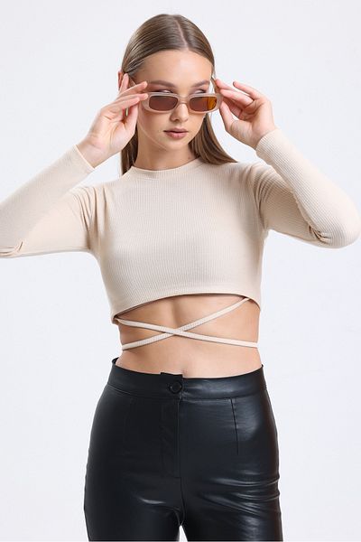 MD trend Women's Stone Cross-Tied Crew Neck Long Sleeve Ribbed Crop Blouse