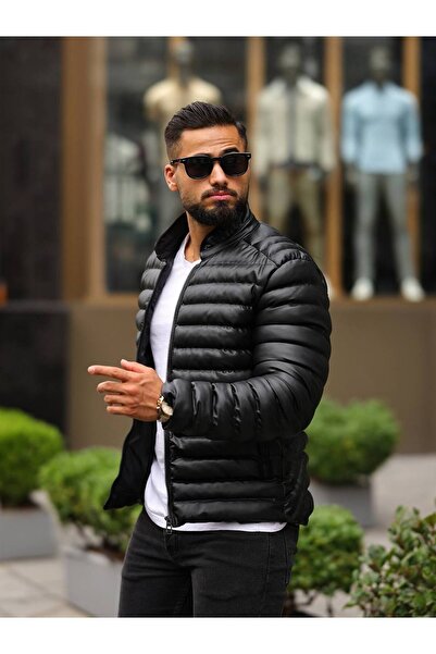 BASEL.CO Pánská černá výplňová kožená bunda Puffer