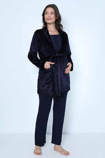 Miss Dünya Lissa Navy Blue Velvet Maternity and Maternity Pajamas Set with Dressing Gown