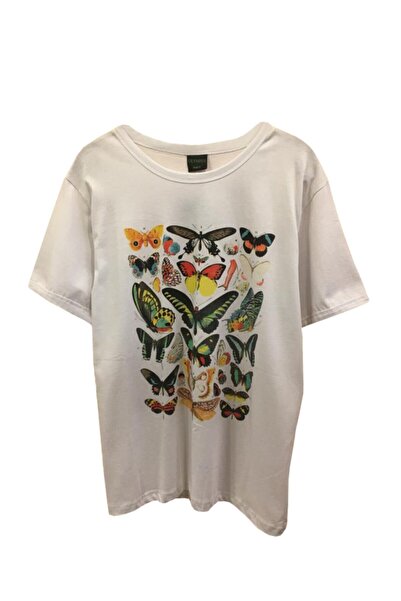 Adrift MAVİ Унисекс бяла тениска с пеперуда KLBK85612