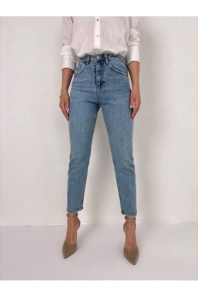 SANTA BELLA Дамски дънки тип „бойфренд мамо“ със супер висока талия Angel Blu...