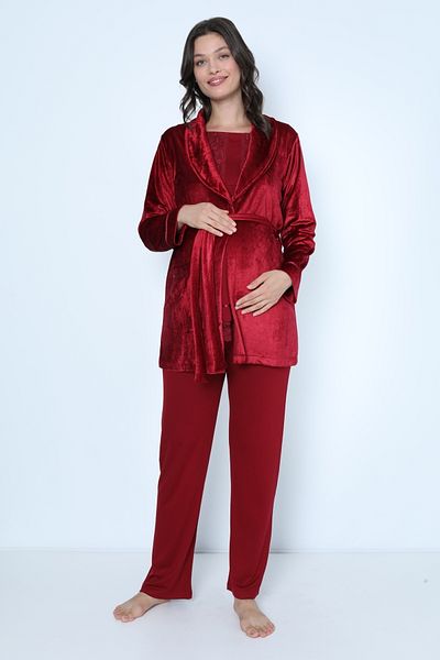 Miss Dünya Lissa Claret Red Velvet Maternity and Maternity Pajamas Set with Dressing Gown