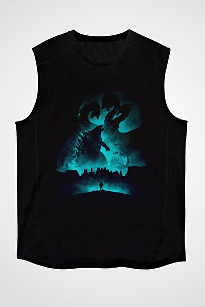 Adrift Ko Buta Unisex Godzilla Iı Canavarlar Kralı Baskılı Siyah Kolsuz T-shi...